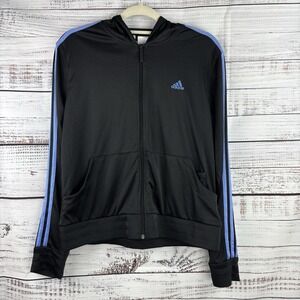 Adidas Three Stripe Athletic Track Full Zip Jacket Black Periwinkle Clima 365